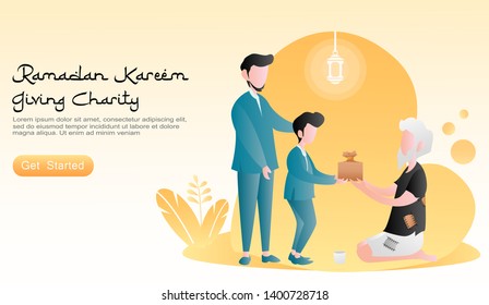 flat vector cartoon illustration ramadan kareem. Fathers and sons give gifts to people in need to the poor. concept of plants, lanterns, orange background. for landing page, banner, website, homepage