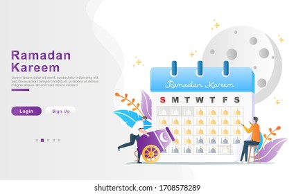 ilustración vectorial plana ramadhan kareem. Dos hombres están muy contentos de dar la bienvenida a la llegada del Ramadán. El calendario está decorado con conceptos islámicos y hermosas plantas. para banner, volante, UI, UX