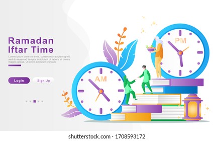 flat vector cartoon illustration ramadhan kareem. The siblings help each other through fasting until breaking the fast, her mother serves delicious food. islamic, quran concept. for banner, flyer, UI
