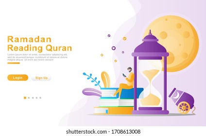 flat vector cartoon illustration ramadhan kareem. a man sits casually reading the quran in Ramadan. islamic concept of book, floral, plants, lantern sand clock. for banner, art, UI, UX, flyer, poster