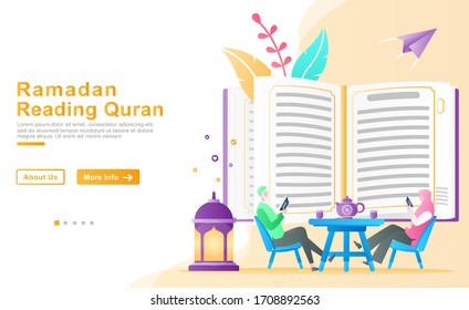 flat vector cartoon illustration ramadhan kareem. The father teaches his daughter read and understand the Koran in month of ramadan. Koran decoration, lanterns, plants. Islamic concept. for banner, UI