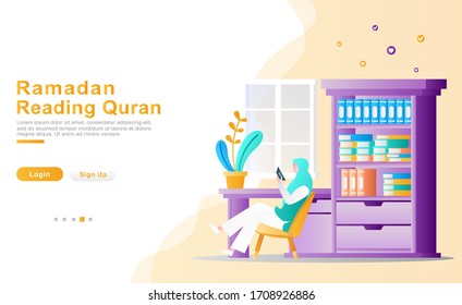 flat vector cartoon illustration ramadhan kareem. a woman reading and studying the Koran fervently in her study room. the concept of cupboard, set of books, windows, plants. for banner, apps, UI, UX