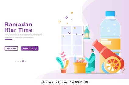 flat vector cartoon illustration ramadhan kareem. the men pray to break their fast happily and thankfully after a day of fasting, food and drink has been provided. for banner, flyer, apps, ui, ux