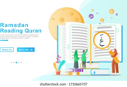 flat vector cartoon illustration ramadhan kareem. a mother teaches her children to read the Koran and understand it with gratitude and pleasure. islamic concept of big quran, set plant. for banner, UI