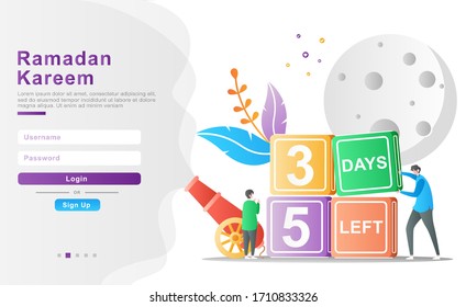 ilustración vectorial plana ramadhan kareem. El padre invita a su hijo a organizar el concepto del rompecabezas para calcular la llegada del Ramadán rezando y divirtiéndose. para banner, aplicaciones, afiches, UI, UX