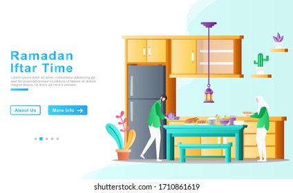 flache Vektorillustration Cartoon Illustration ramadhan kareem. ein paar Eltern bereiten und servieren Iftar-Essen und Unterwäsche für ihre Kinder. islamisches Innenkonzept. für Poster, Banner, Apps, UI, UX.