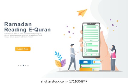 flat vector cartoon illustration ramadhan kareem. owner introduces the application of reading learning E-Quran online, women grateful and pray. hand holding phone concept. for banner, poster, UI, UX