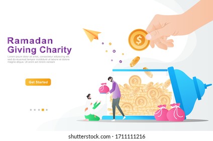 flat vector cartoon illustration ramadhan kareem. men give gifts to the poor who need them most. the concept of hand giving a donation coin, charity box, bag. for banner, flyer, ui, ux, poster, apps