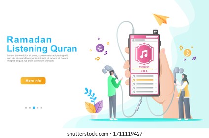 flat vector cartoon illustration ramadhan kareem.  Men and women listen to the audio music of the Quran comfortably and attentive its contents in Ramadan. for banner, apps, ui, ux, poster, website.