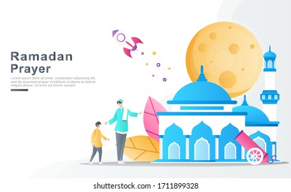 flat vector cartoon illustration ramadhan kareem. The father teaches and invites his children to pray to the beautiful mosque. floral, plants, mosque islamic concept. for banner, poster, ui, ux, apps