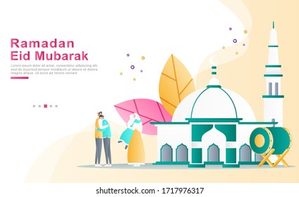 flat vector cartoon illustration ramadhan kareem. children hug parents to apologize for the mistakes made after eid prayers in the mosque. concept umrah, hajj, floral, bedug. for banner, poster, ui ux
