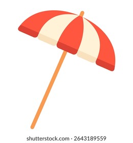 Flat vector cartoon illustration of a red and white striped beach umbrella. For summer, vacation, beach holiday, weekend, card and outdoor design themes. Hand drawn on white background.