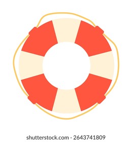 Flat vector cartoon illustration of a red and white lifebuoy. For summer, beach, sea, safety, and water rescue themed design. Isolated on white background.
