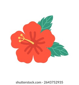 Ilustração de desenho animado de vetor plano de uma flor de hibisco vermelho com pétalas visíveis e estame. Para tropical, verão, férias e design com tema floral. Isolado no fundo branco.
