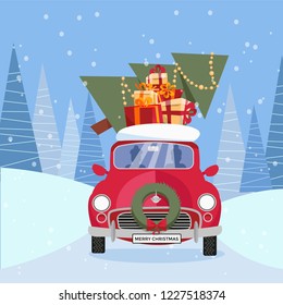 Flat vector cartoon illustration of retro car with presents, christmas tree on roof. Little red car carrying gift boxes. Vehicle is located in front, decorated with wreath. Winter snowy forest around