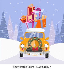 Flat vector cartoon illustration of retro car with presents and christmas tree on the top. Little classic yellow car carrying gift boxes on its rack. Vehicle is located in front, decorated with wreath