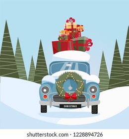 Flat vector cartoon illustration of retro car with present on the roof. Little classic red car carrying gift boxes on its rack. Vehicle's front decorated with wreath. snow-covered landscape with firs