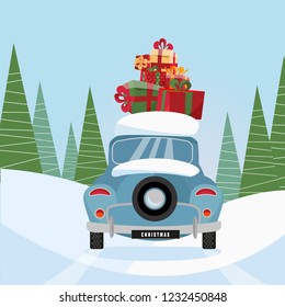 Flat vector cartoon illustration of retro car with presents on roof. Little classic blue car carrying gift boxes on its rack. Vehicle back decorated with wheel, car rear view.Snow-covered landscape