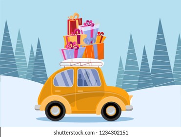 Flat vector cartoon illustration of retro car with presents, christmas tree on roof. Little car carrying gift boxes. Vehicle car side view, decorated with wheel. Winter snowy forest around