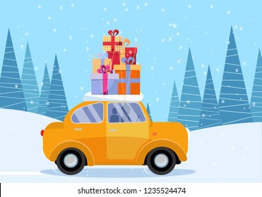 Flat vector cartoon illustration of retro car with presents, christmas tree on roof. Little red car carrying gift boxes. Vehicle car side view, decorated with wheel. Winter snowy forest around