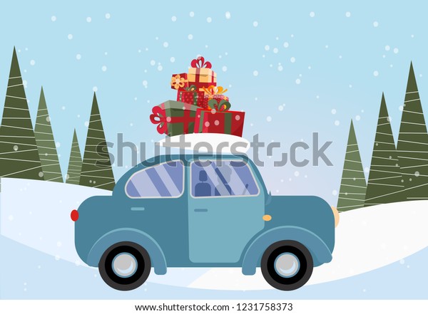 Flat vector cartoon illustration of retro car\
with present on the roof. Little classic blue car carrying gift\
boxes on its rack. Vehicle car side view. Snow-covered landscape\
with firs and snowdrift