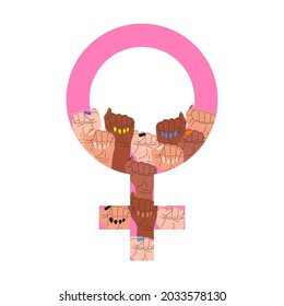 A flat vector cartoon illustration of a set of female fists raised up inside a female symbol. The struggle of feminists for women's rights. The concept of gender equality.