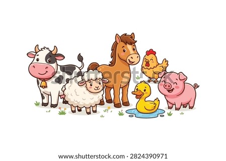 A flat vector cartoon illustration of six happy farm animals: a cow with a bell, a sheep, a chicken, a piglet, a brown horse, and a small yellow duck, all facing forward with cheerful expressions.