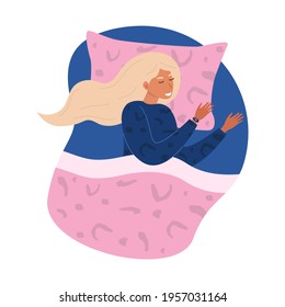 Flat vector cartoon illustration of a sleeping woman on a bed with a smart watch on her hand. The concept of sleep tracking. Top view.