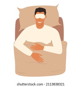 Flat vector cartoon illustration of a sleeping man lying in bed with a sleep mask over her eyes. The concept of sleep and rest.