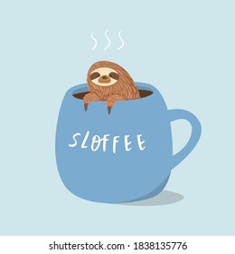 Flat vector cartoon illustration of a sloth relaxing in a Cup of coffee. Mug with funny text sloffee. Cute cartoon character.