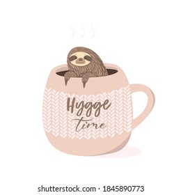 Flat vector cartoon illustration of a sloth relaxing in a Cup of coffee. Mug with funny text hygge time. Cute cartoon character.