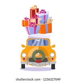 Flat vector cartoon illustration of small car with presents, gift boxes, snow on the roof. Little classic yellow car carrying gift boxes on its top. Vehicle is located in front, decorated with wreath.