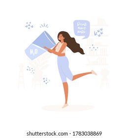 Flat vector cartoon illustration of a smiling girl in sports clothes drinking water from a large glass, holding it in her hands. The concept of drinking a large amount of water with health benefits.