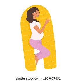 Flat vector cartoon illustration of a smiling woman with a big tummy falling asleep on a maternity pillow. A woman is resting on a bed with a comfortable orthopedic accessory.