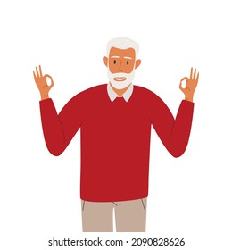 A flat vector cartoon illustration of a smiling elderly man showing the okey sign with his hands. Isolated design on a white background.