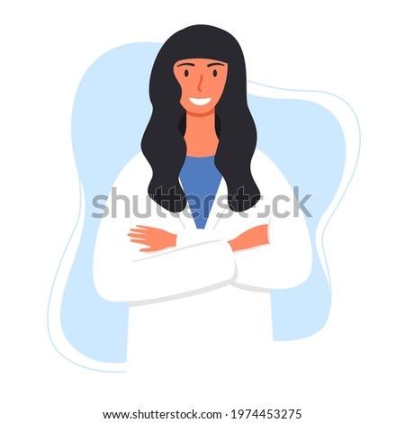 Flat vector cartoon illustration of a smiling female doctor in a white lab coat with her arms crossed.