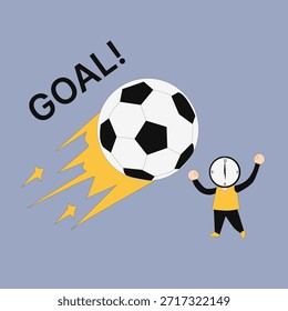Ilustración de dibujos animados de Vector plano de un balón de fútbol anotando un gol con un personaje que lo aclama.