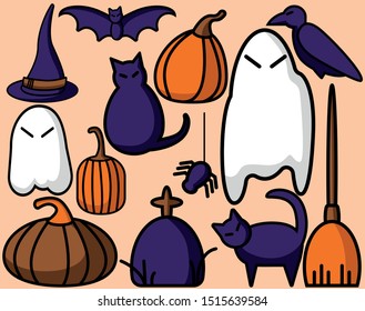 Flat vector cartoon illustration of spooky halloween symbols: a raven, a grave, a spider, cats, ghosts, pumkins, a witch broom, a bat and a witch hat