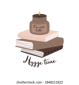 Flat vector cartoon illustration of a stack of books and a burning scented candle. Hygge Time. The concept of a cozy home away from home with books and delicious scented candles. Scandinavian style