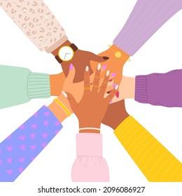 Flat vector cartoon illustration of a stack of women's hands of different nationalities. The concept of support, unity, teamwork, female power, sisterhood, feminist community.