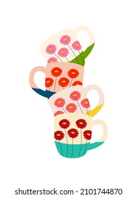 Flat vector cartoon illustration of a stack of four cups with a print in the form of flowers. Isolated design on a white background.