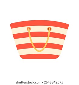 Flat vector cartoon illustration of a striped red and white beach bag with handles. For summer, travel, vacation, beach, card and seaside-themed design. Isolated on white background.