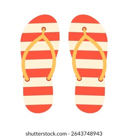 Flat vector cartoon illustration of striped red and white flip flops. For summer, vacation, seaside, beach and casual footwear-themed design. Isolated on white background.