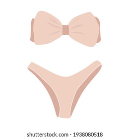 Dibujo de dibujos animados de un elegante traje de baño de color desnudo. Trato de baño de mujeres de moda con un arco encima y bragas. En bikini arriba y abajo. Dibujando sobre un fondo blanco.