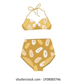 Flat vector cartoon illustration of a stylish swimsuit in yellow colors. Fashion women's swimsuit with high-waisted panties. Bikini top and bottom. Drawing on a white background. 