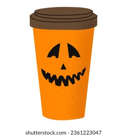 A flat vector cartoon illustration of a takeaway cup with a cartoon character in the Halloween style. Isolated design on a white background.