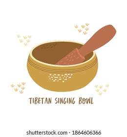 Flat vector cartoon illustration of a Tibetan singing or healing bowl with a wooden resonant stick and an isolated inscription on a white background.