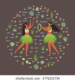 Flat vector cartoon illustration of two Hawaiian girls in traditional leaf skirts and with a lei around their neck. Design for advertising, invitations, posters, banners, and postcards.