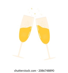 Flat vector cartoon illustration of two glasses of champagne. Drawing for a holiday, a party, a special event. Isolated design on a white background.