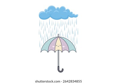 Flat vector cartoon illustration of umbrella in the rain, falling drops in pastel tones, creative weather design for seasonal decoration and kids backgrounds

